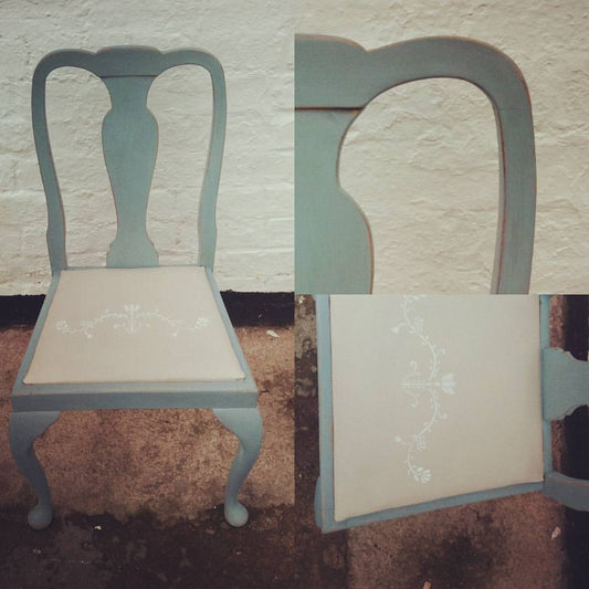 Reserved for Jed Vintage dining chair painted in fusion mineral paint metallic gold and heirloom a lovely Swedish blue.
