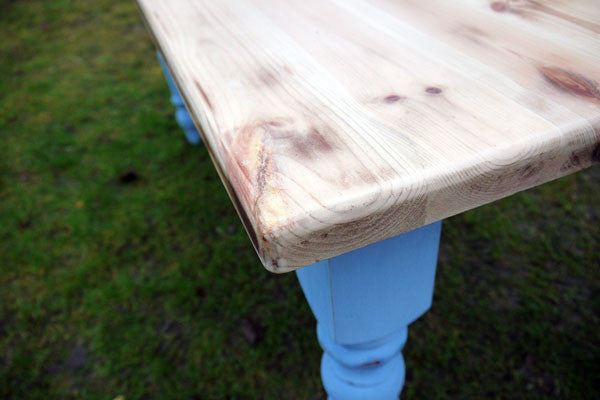 Vintage farmhouse pine dining table with painted legs  and a retro scrub top finish refurbished by emily rose vintage Made to Order