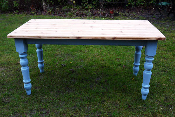 Vintage farmhouse pine dining table with painted legs  and a retro scrub top finish refurbished by emily rose vintage Made to Order
