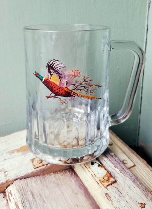 Vintage glass tankard with pheasant design