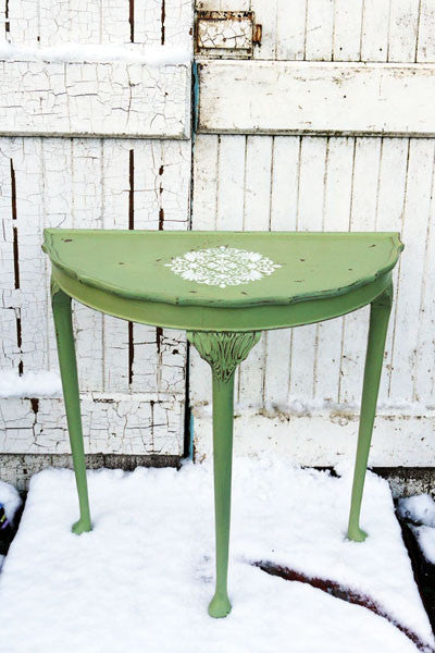 Vintage half moon table in miss mustard seed milk paint in Luckett's Green with white stencil detail 