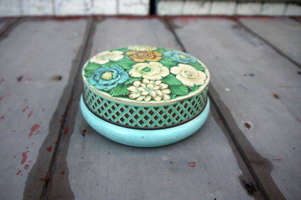 Vintage metal tin in blue florals from Emily Rose Vintage