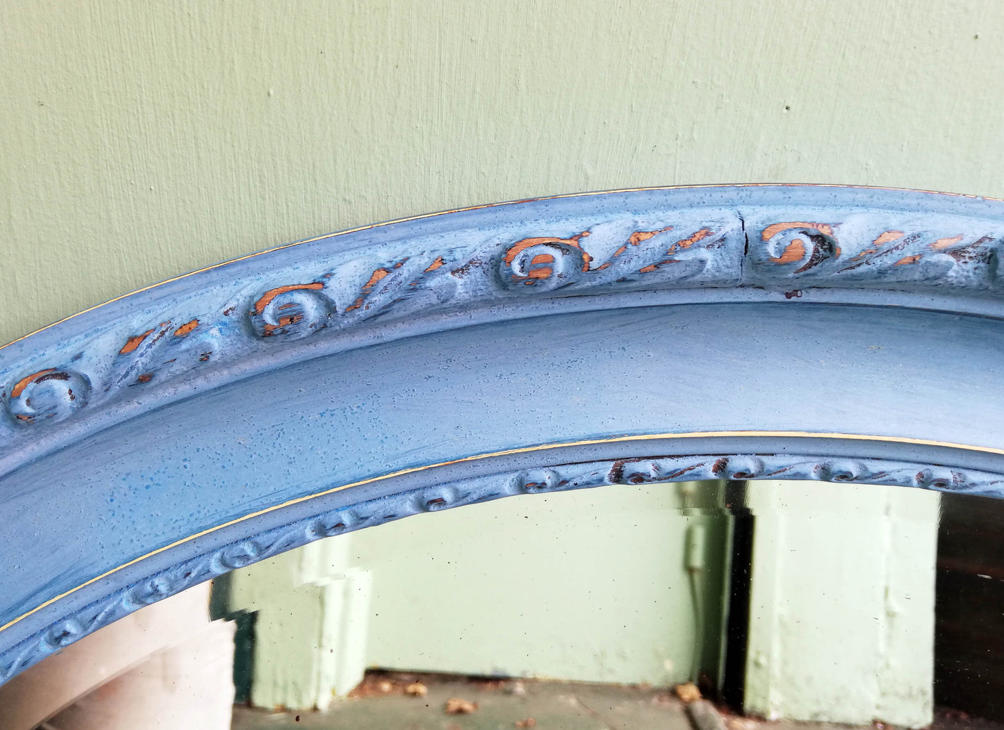 Beautiful vintage oval mirror painted in Miss Mustard Seed Milk Paint