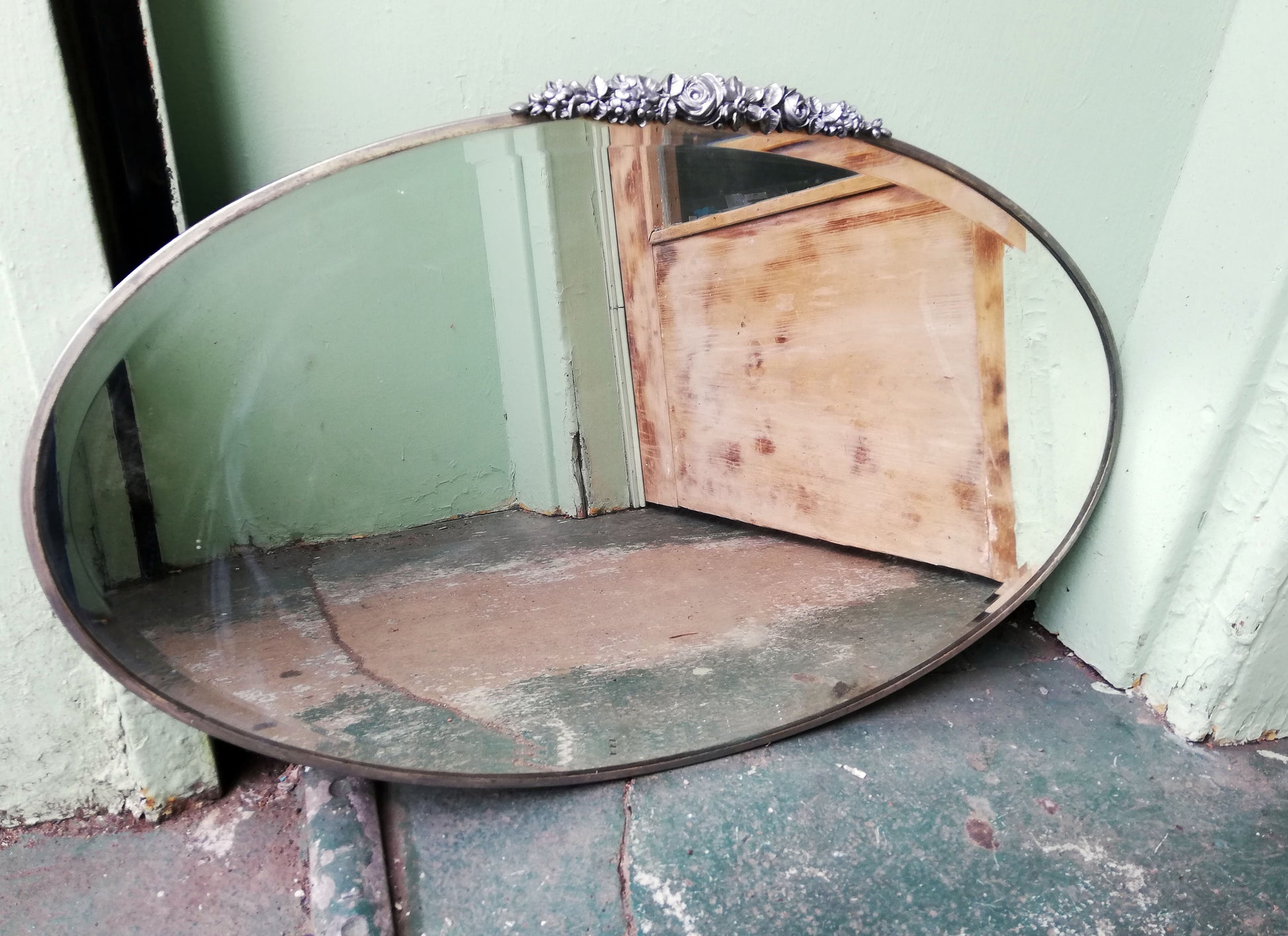 Vintage mirror with metal rose frame painted in Brushed Steel