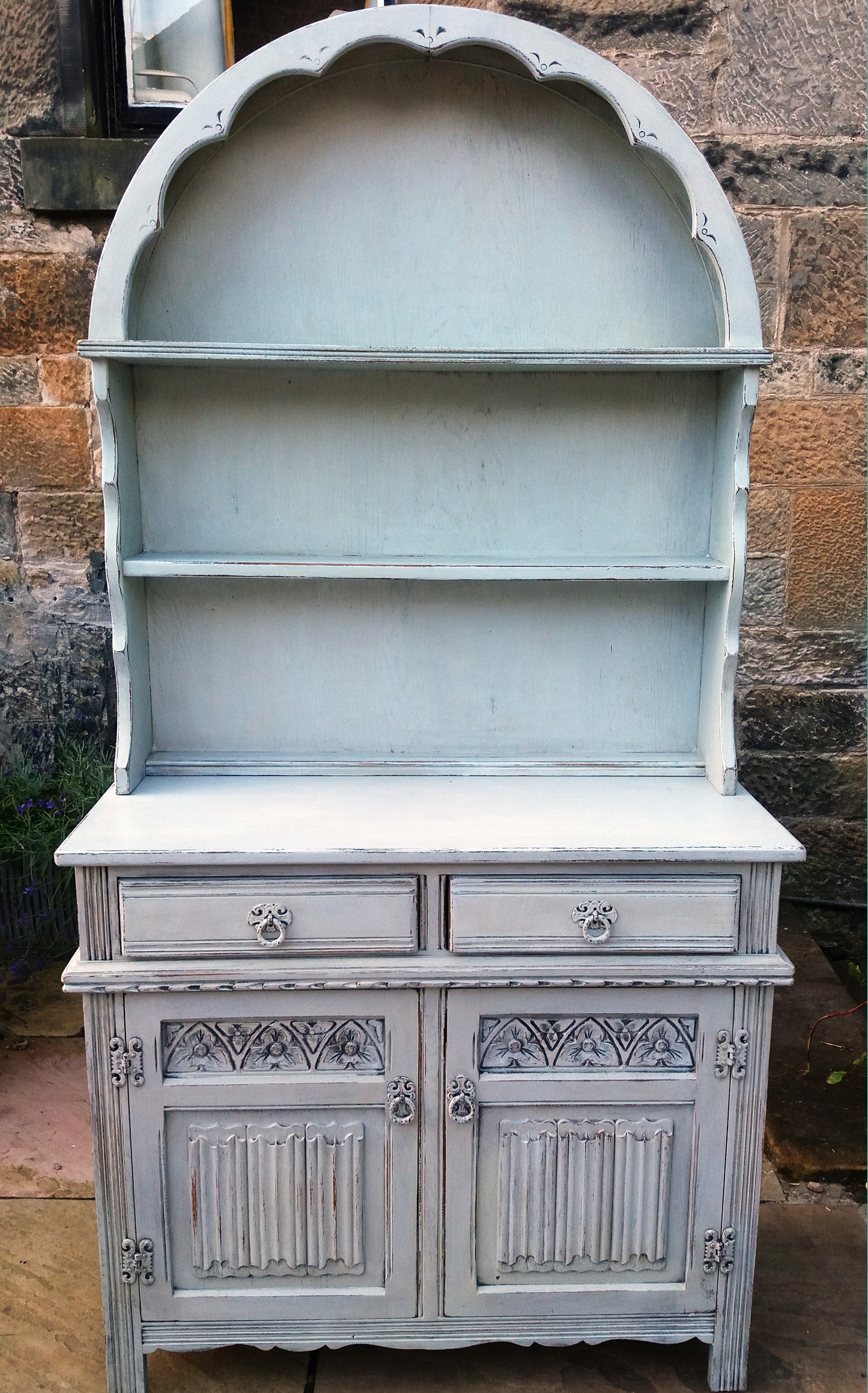 Vintage old charm country kitchen dresser painted in Miss Mustard Seed Milk Paint Shutter Grey