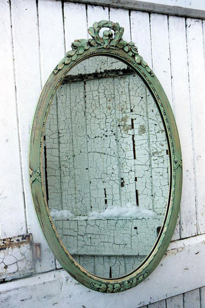 Vintage oval gold mirror now in Miss Mustard Seed Milk paint Luckett's Green with dark wax