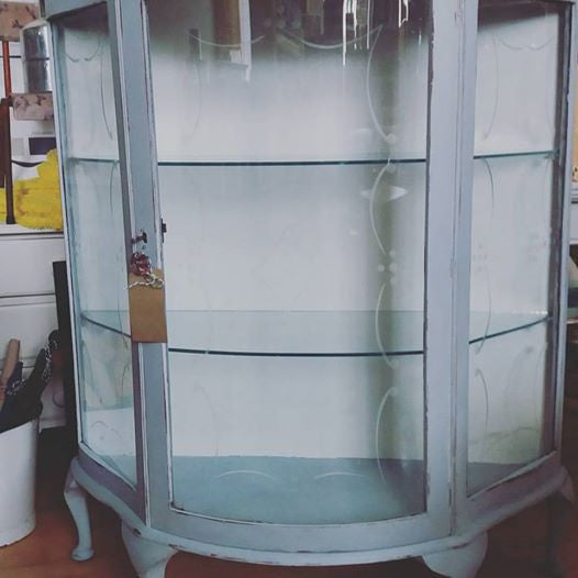 Vintage painted display cabinet in soft duck egg blue