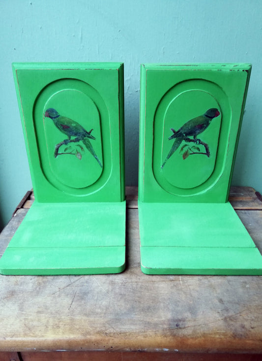 RESERVED Vintage pair of bookends painted in a vibrant green with parakeet deign
