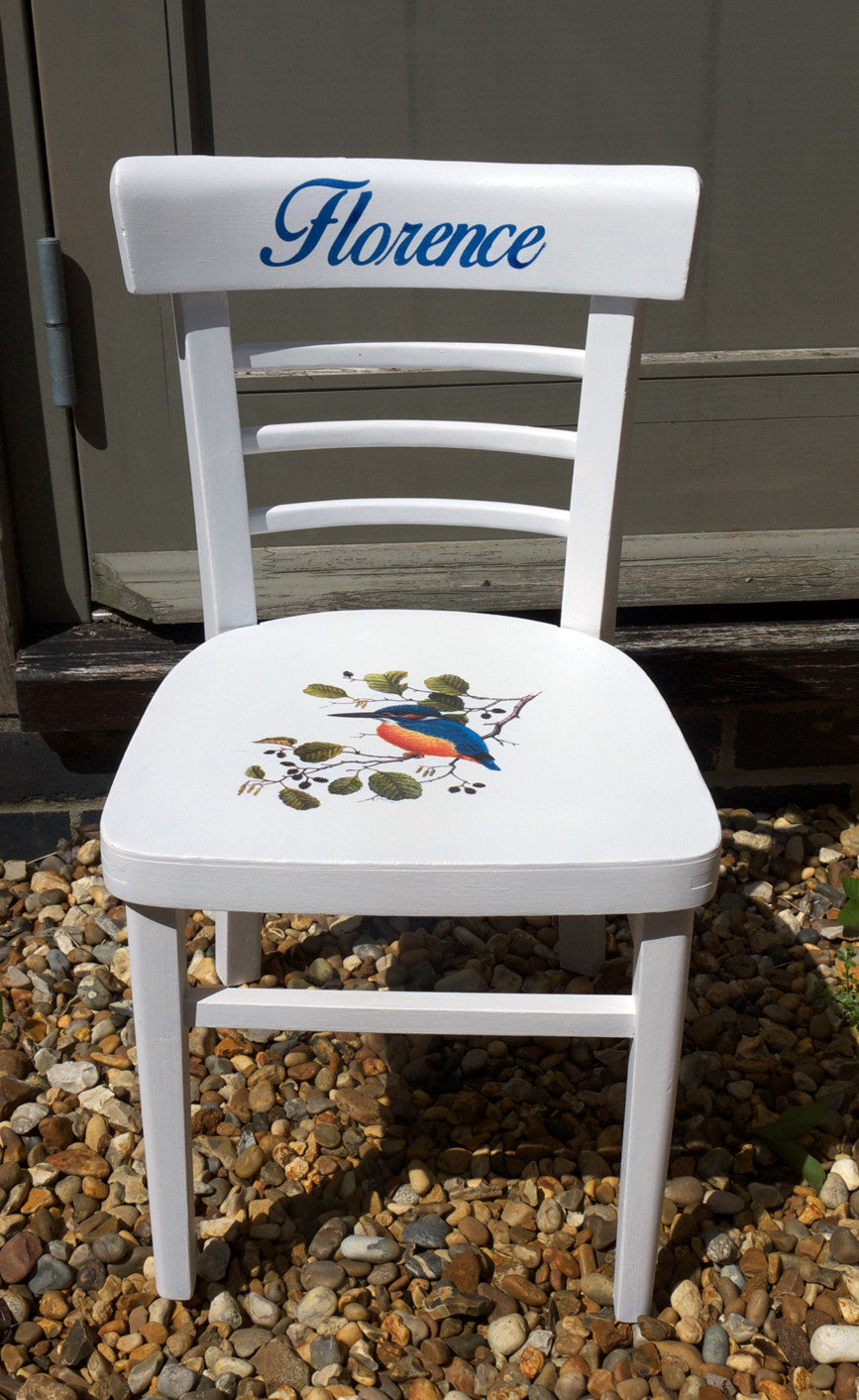 Vintage personalised kids school chair Fusion Mineral Paint in Picket Fence and transfer gel