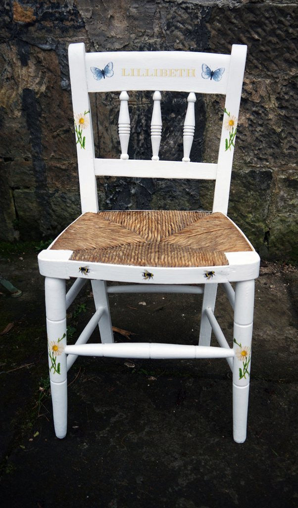 Rush seat personalised children's chair - bees and butterfly theme - made to order