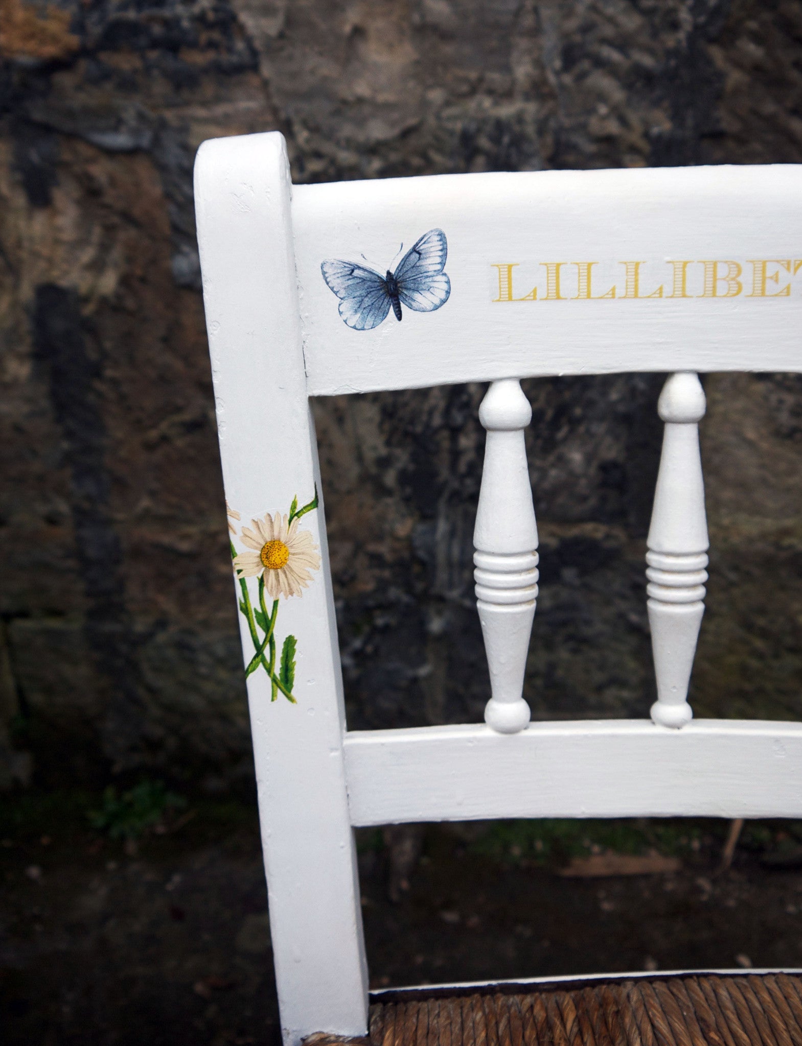 Vintage personalised children's rush seat chair with bees and butterfly design