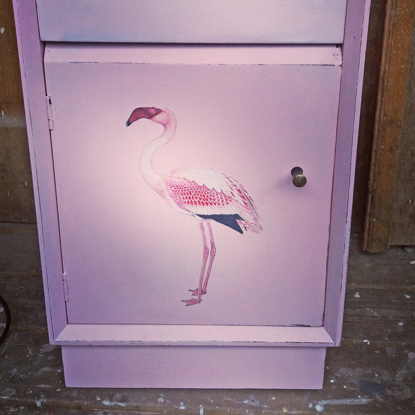 Vintage pink painted bedside cabinet with flamingo design in aid of breast cancer awareness month
