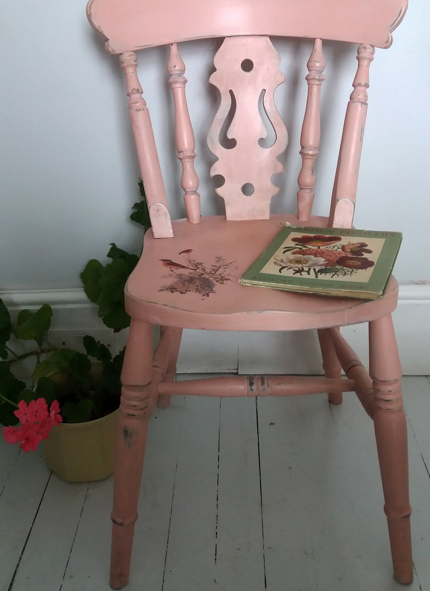 Vintage pink painted fiddleback chair with bird design