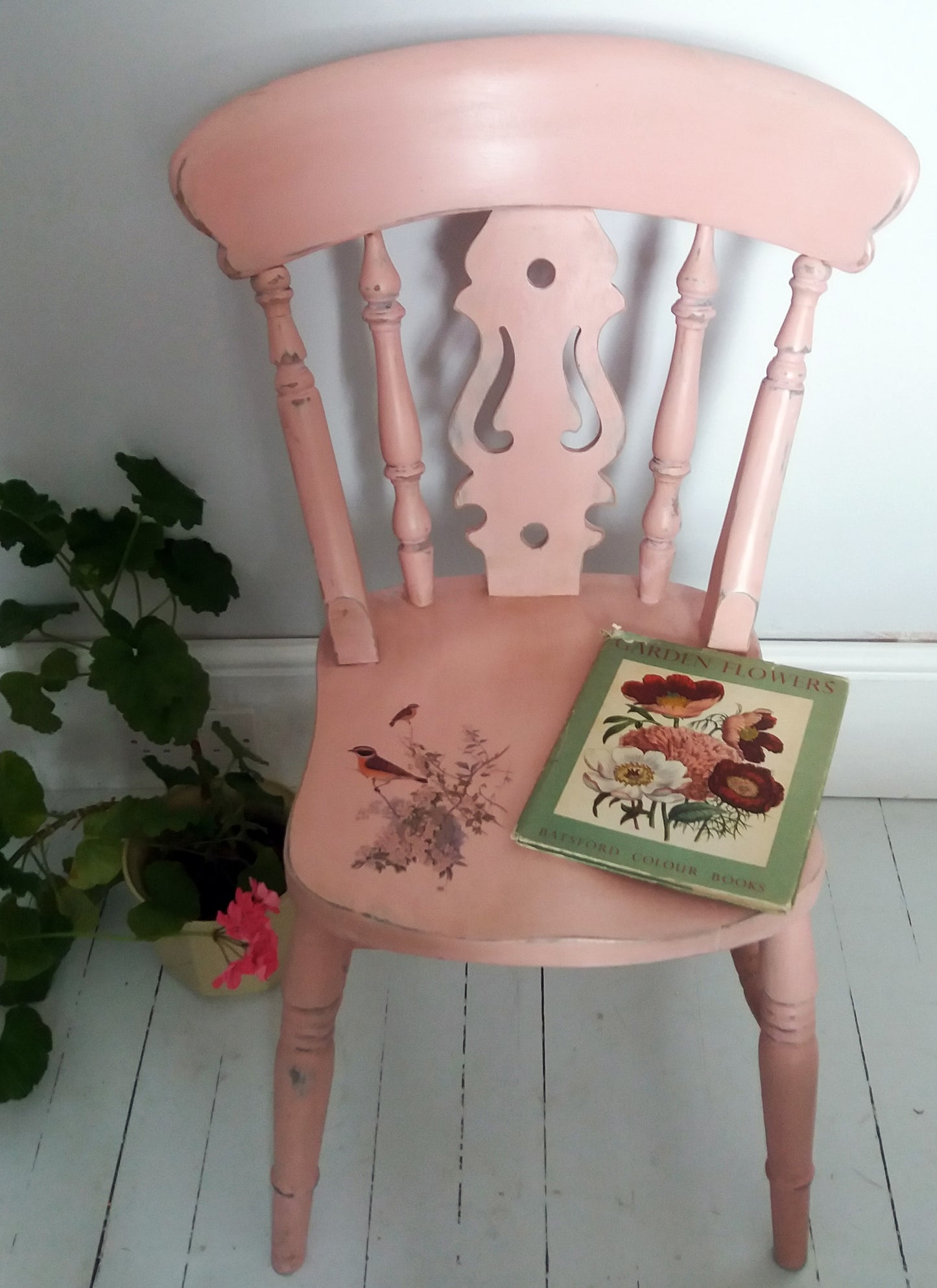 Vintage pink painted fiddleback chair with bird design