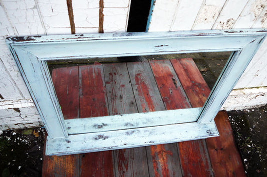 Shabby Chic Vintage rectangular wooden mirror with shelf in Miss Mustard Seed Milk paint. I mixed a custom blend of Eulalies Sky and Grain Sack to create this beautiful sift blue. The mirror had been sanded back and sealed with hemp oil and dark wax.