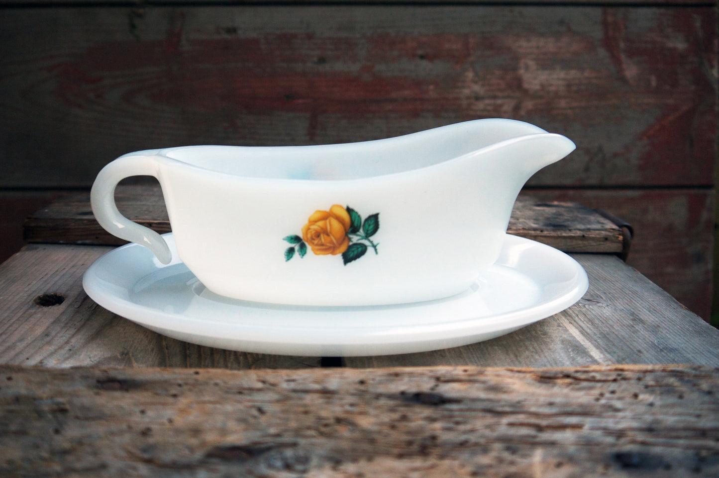 Vintage retro 1960s white Phoenix Opalware Yellow Rose gravy boat jug and saucer by emily rose vintage