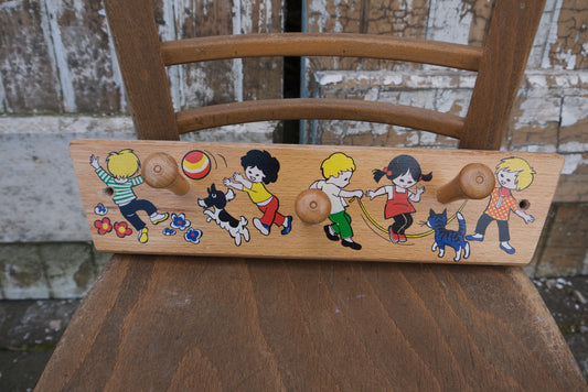 vintage retro children set of wooden wall hooks