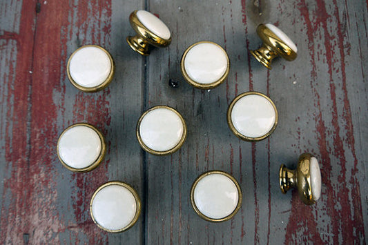 Vintage round brass and porcelain furniture handles