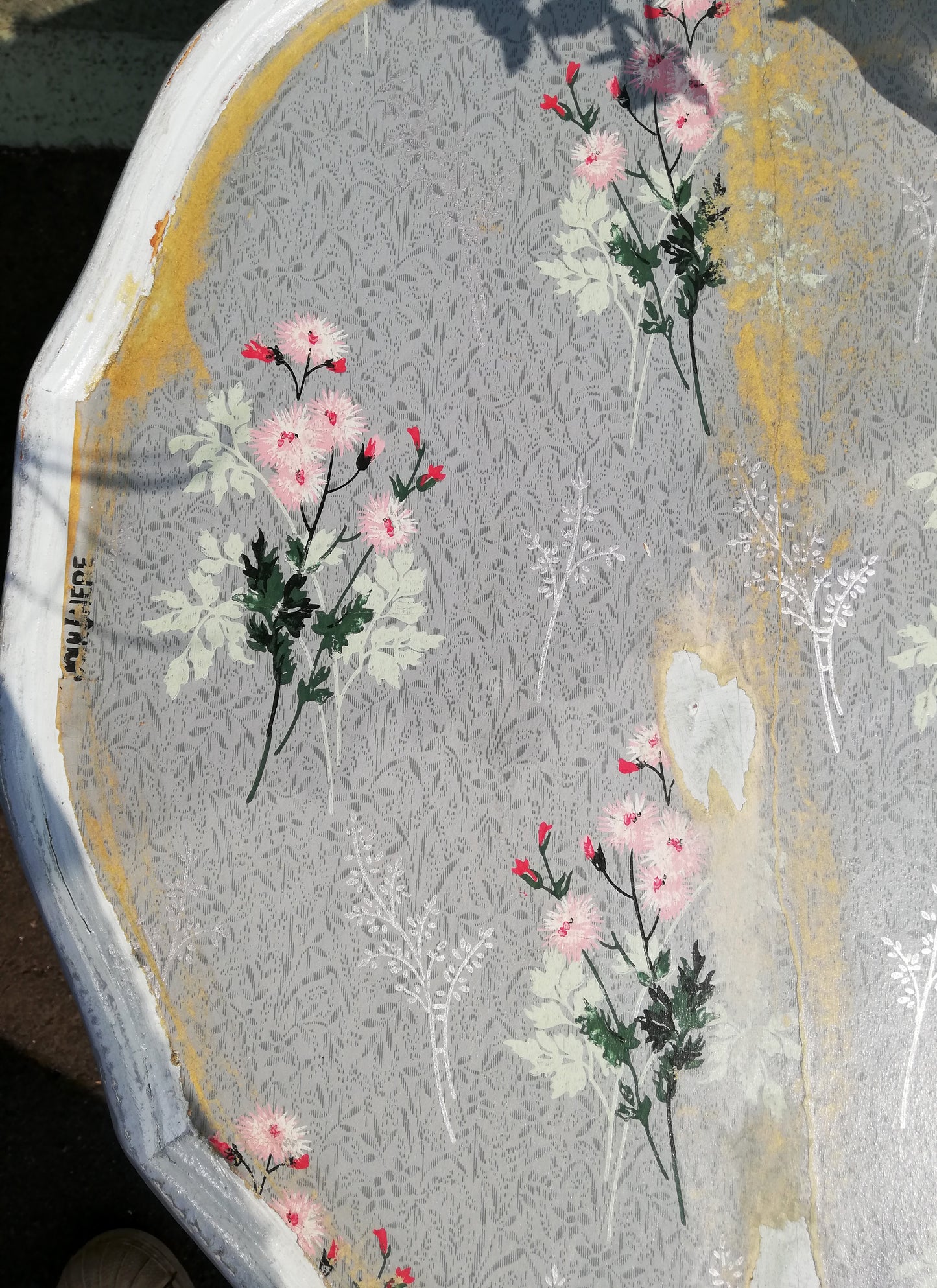 Vintage round hand painted coffee table with decoupaged top