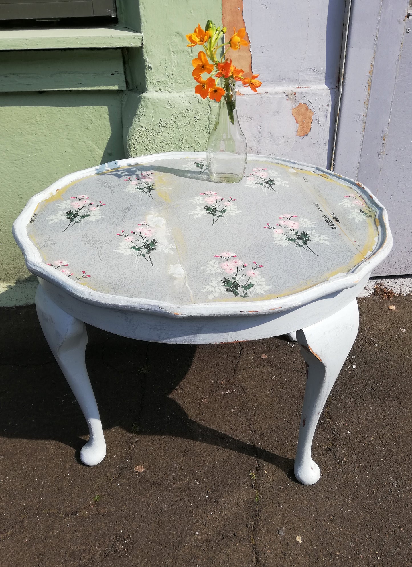 Vintage round hand painted coffee table with decoupaged top