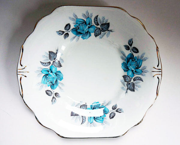 Vintage shabby chic dinner plate with retro  blue rose design from Emily Rose Vintage