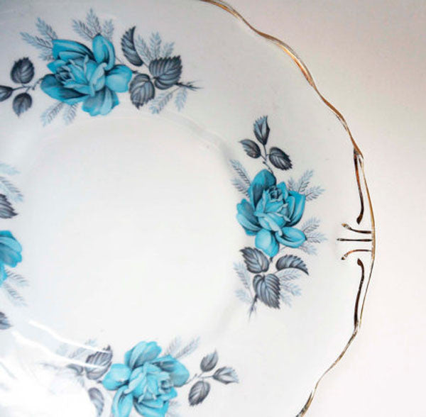 Vintage shabby chic dinner plate with retro  blue rose design from Emily Rose Vintage