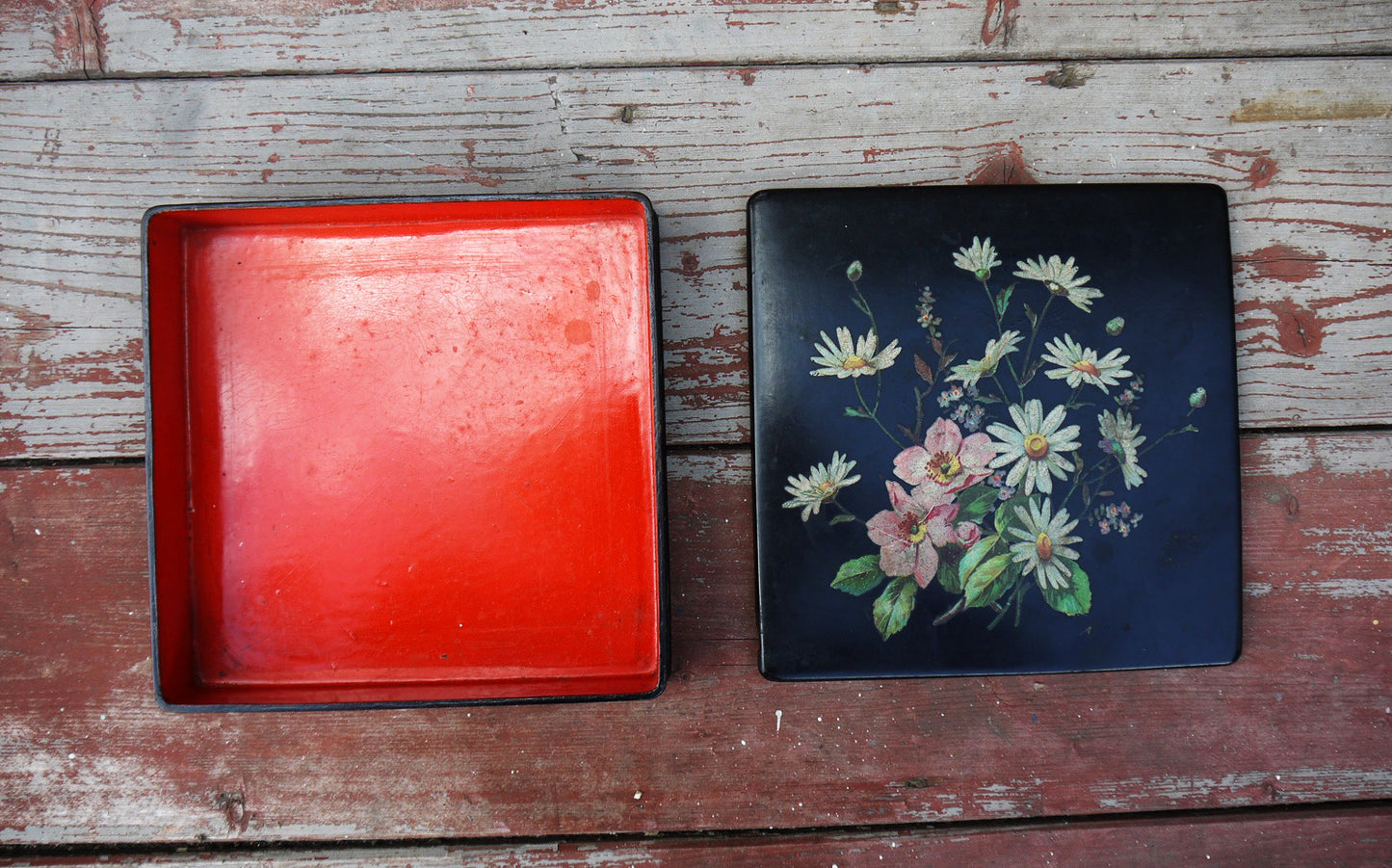 Vintage square floral wooden box in black and red wth traditional decoupaged flowers on the lid