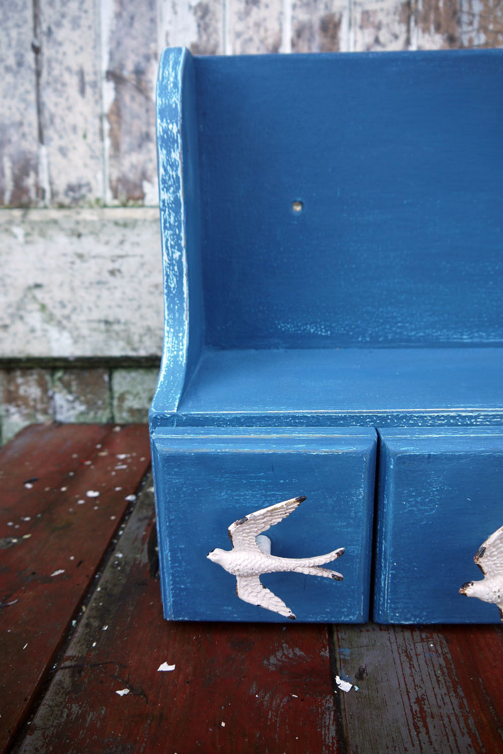 Vintage wall shelf hand painted in white a blue with swallow drawer pulls