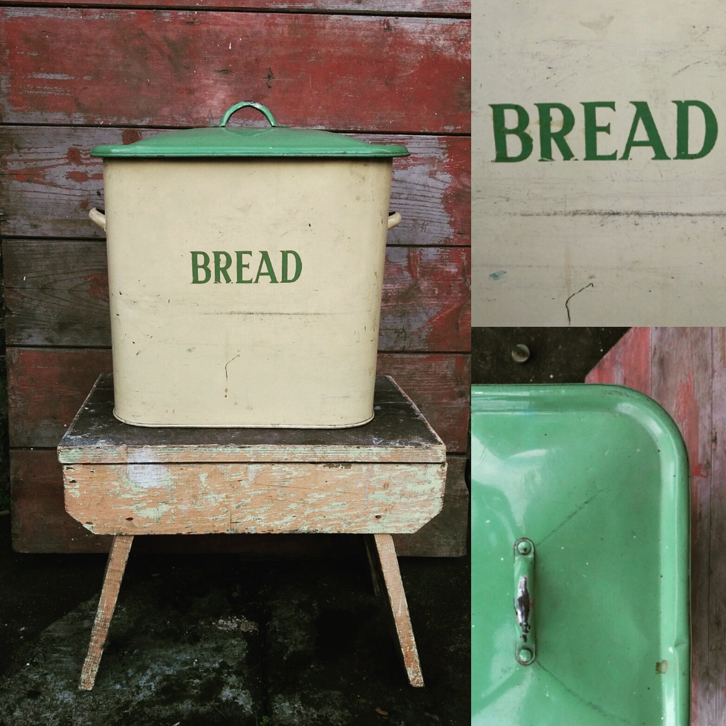 big vintage green and cream enamel bread bin