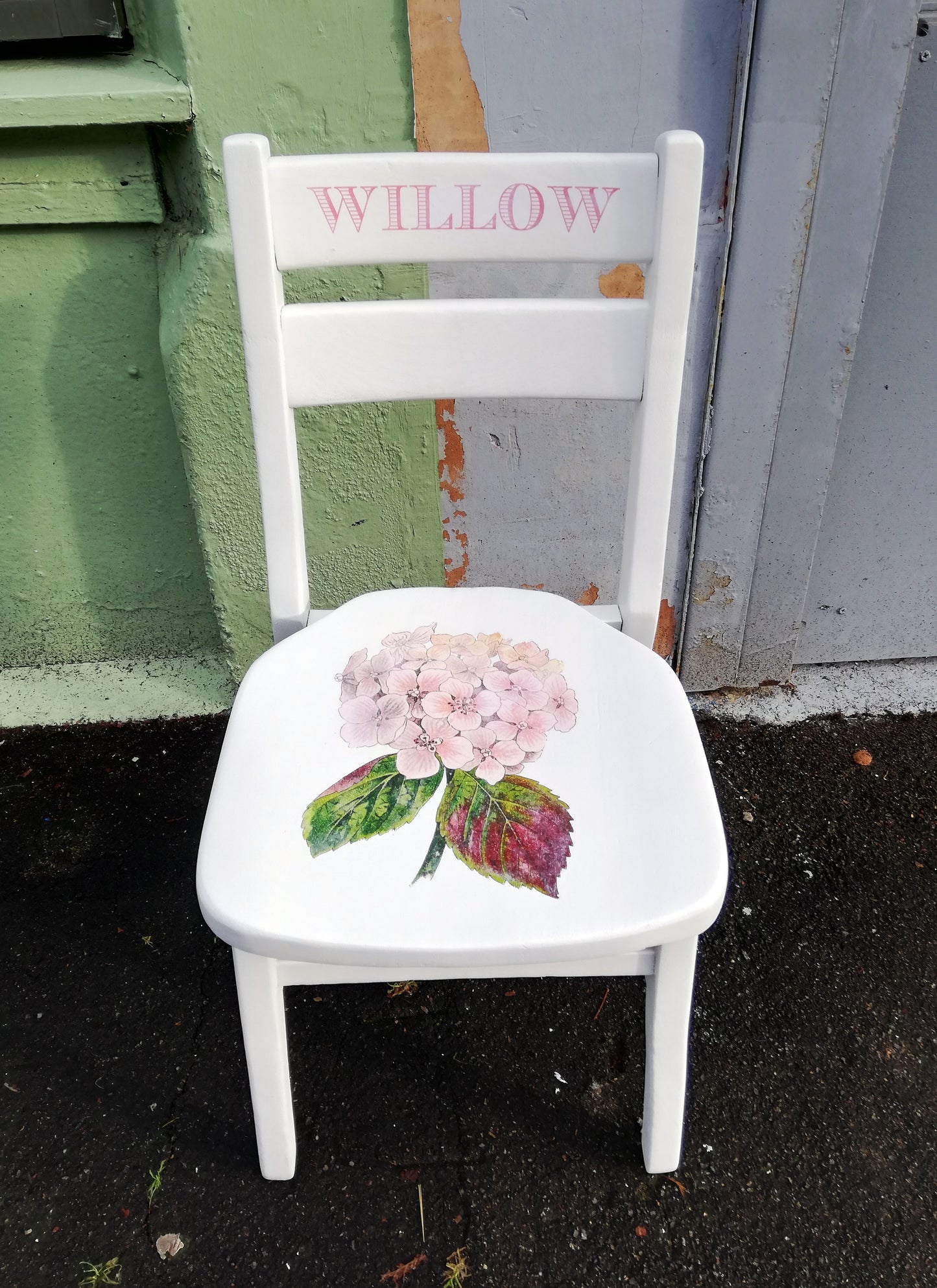 Custom Listing for Andrea children's personalised vintage school chair with hydrangea theme.