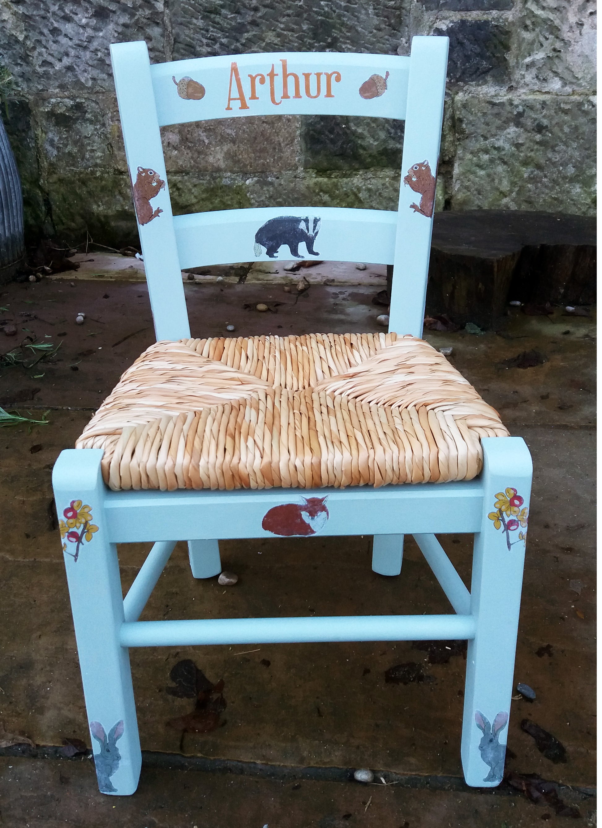 children's rush seat chair with woodland theme