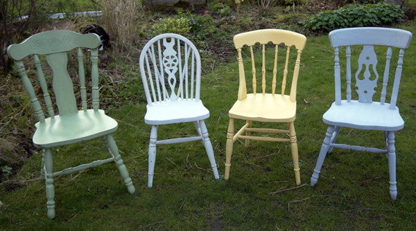 4 x Shabby chic mismatch chippy Miss Mustard Seed Milk Paint vintage dining chairs set Made to order by Emily Rose Vintage