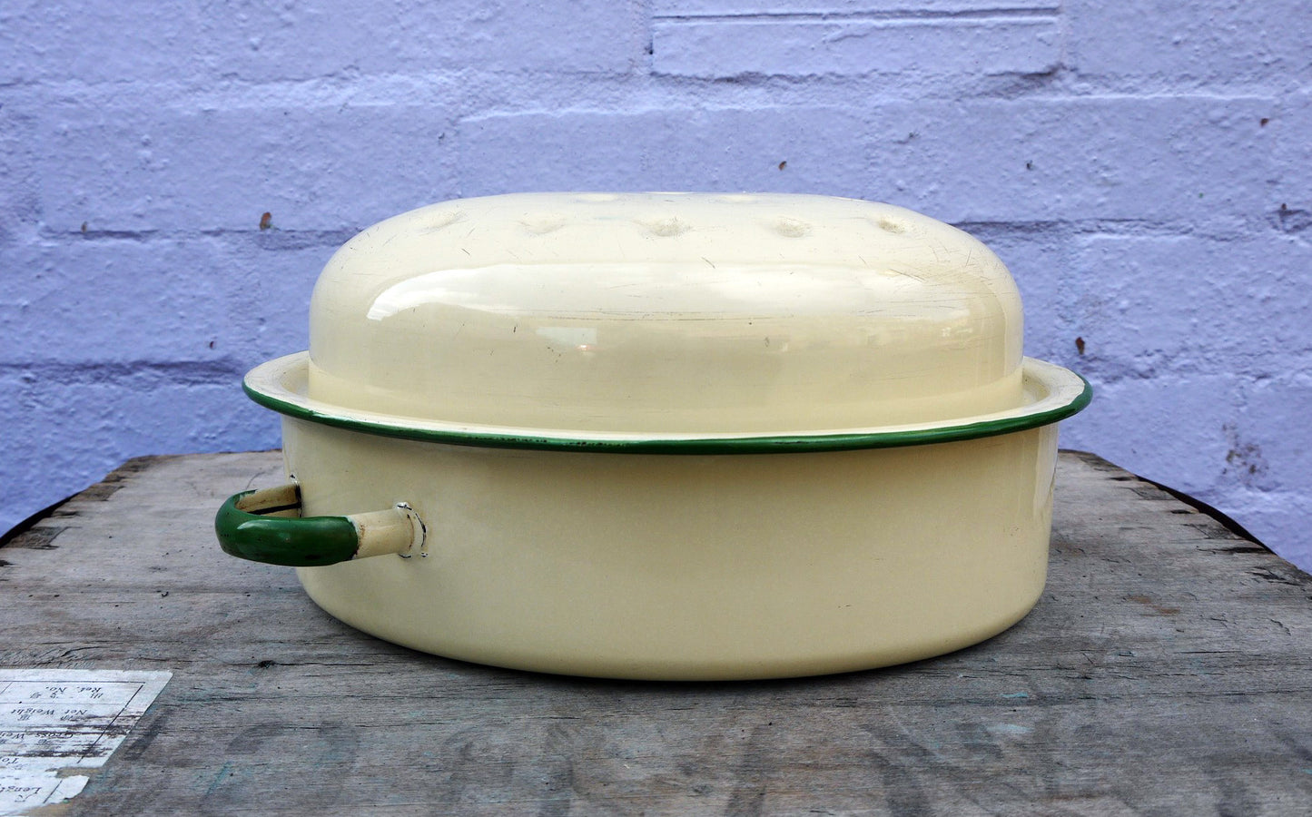  enamel vintage roasting tin in cream and green