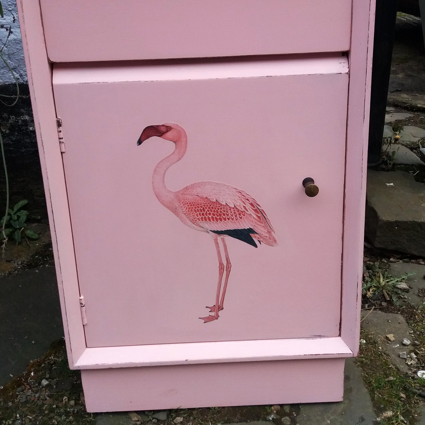 Vintage pink painted bedside cabinet with flamingo decoupage design