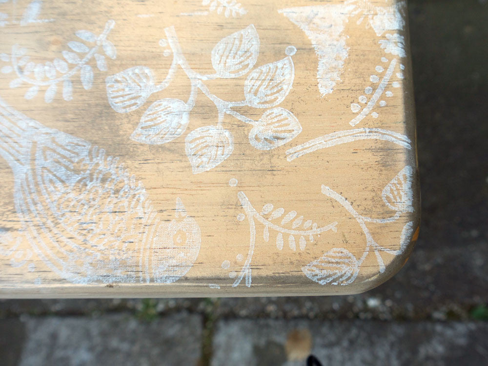    Hand Painted folding side table with vintage folk art bird design 