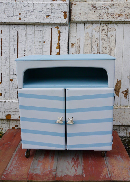 Vintage hand painted chevron record cabinet with retro deer handles.