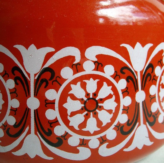 Vintage Finel Red Enameled Tea Kettle Pot with Danish Tulip Design