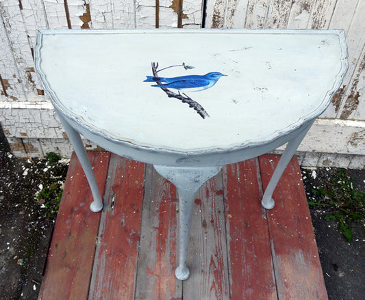 Vintage half moon table in miss mustard seed milk paint with vintage bird design