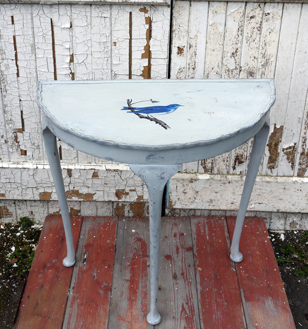 Vintage half moon table in miss mustard seed milk paint with vintage bird design