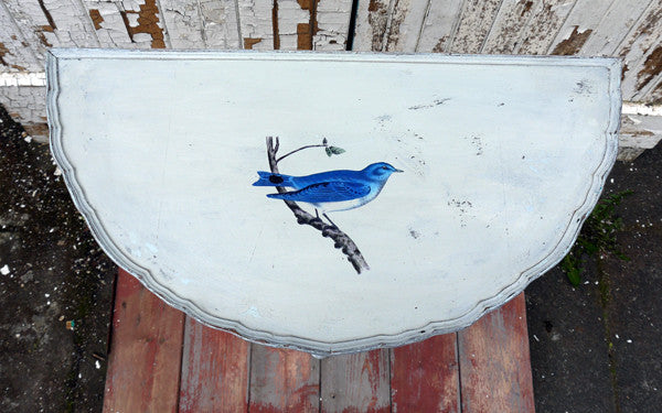 Vintage half moon table in miss mustard seed milk paint with vintage bird design