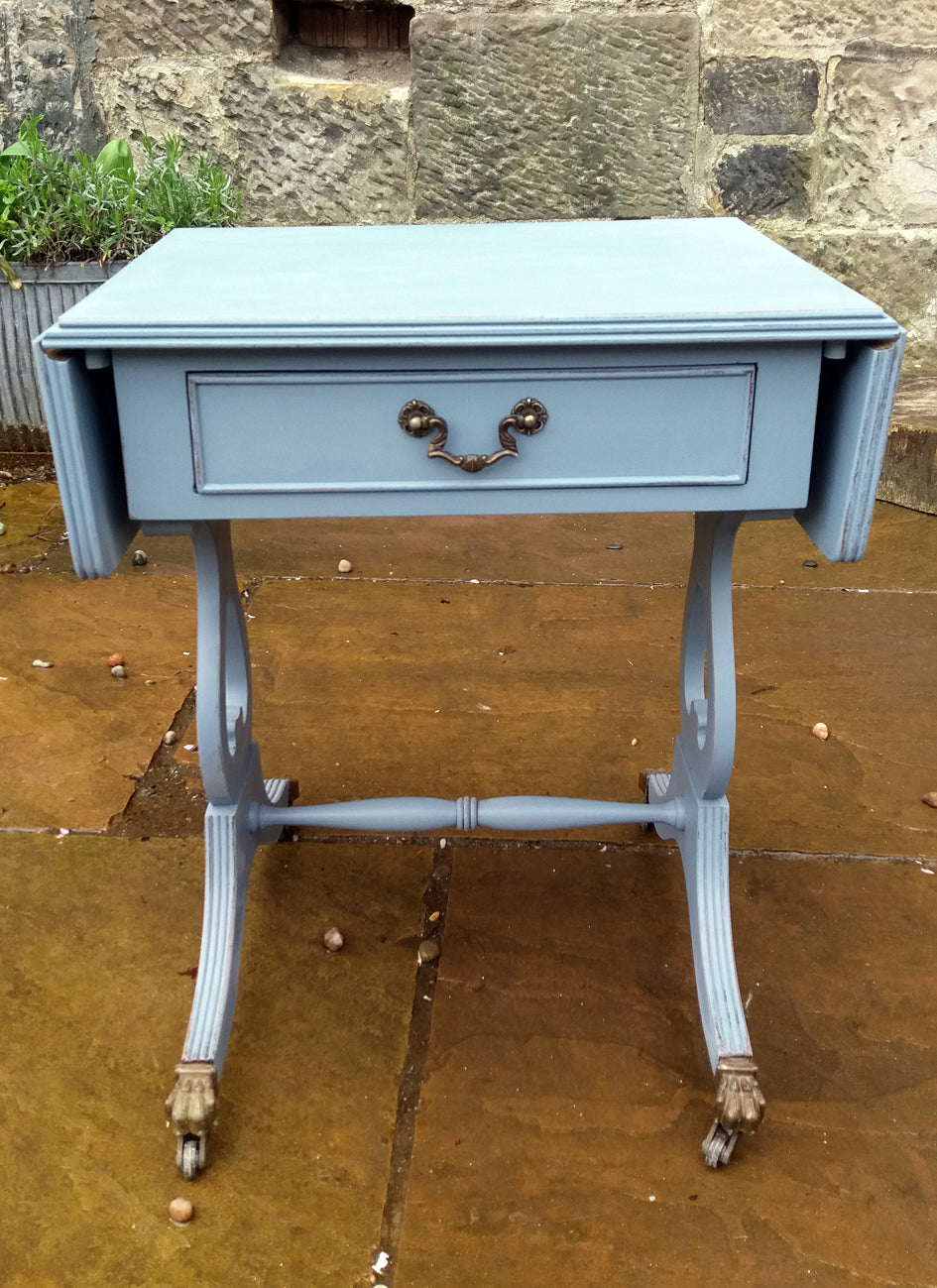 Vintage painted grey side / console table with decoupaged drawer