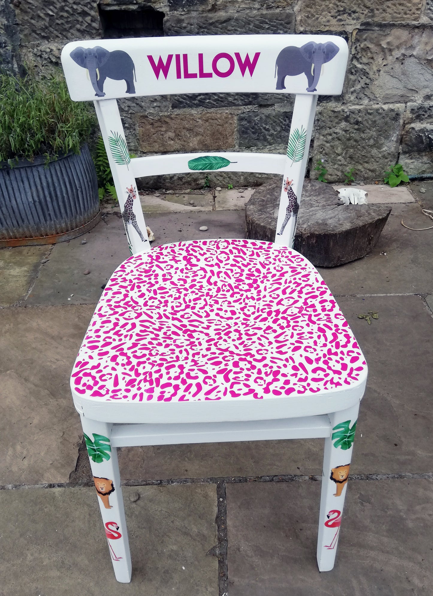 personalised children's chair with flamingo jungle theme