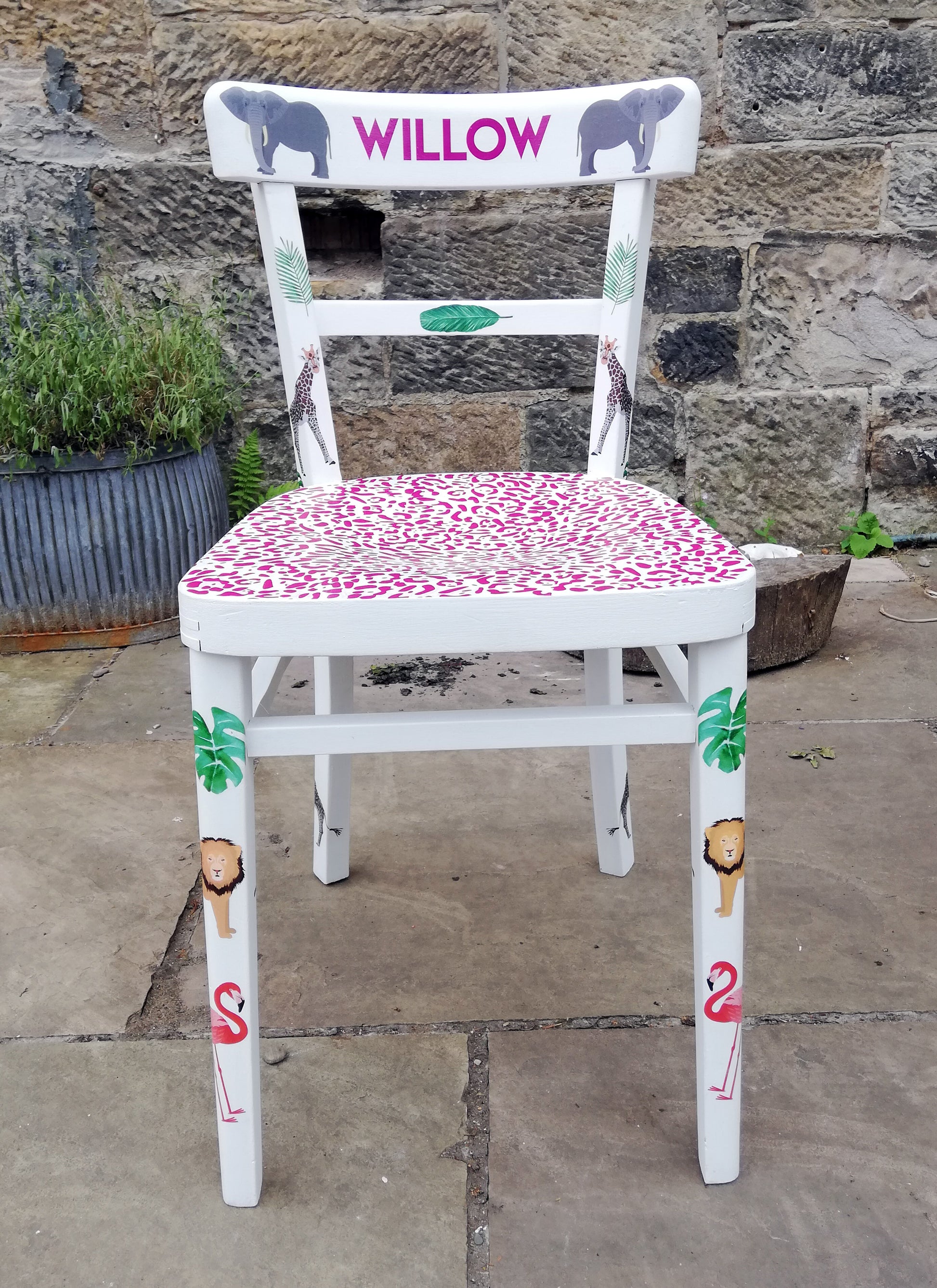 personalised children's chair with flamingo jungle theme