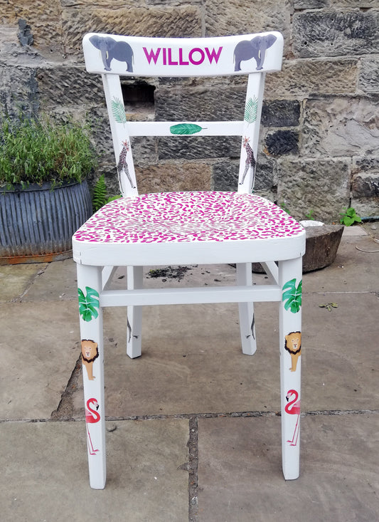 personalised children's chair with flamingo jungle theme