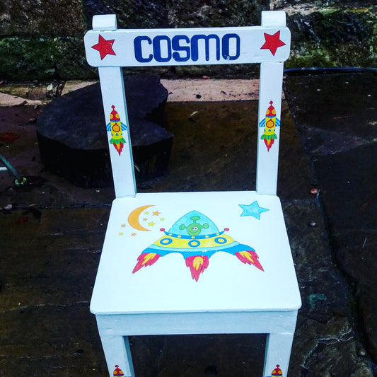 Children's personalised upcycled wooden nursery school chair with cosmic space theme and your child's name