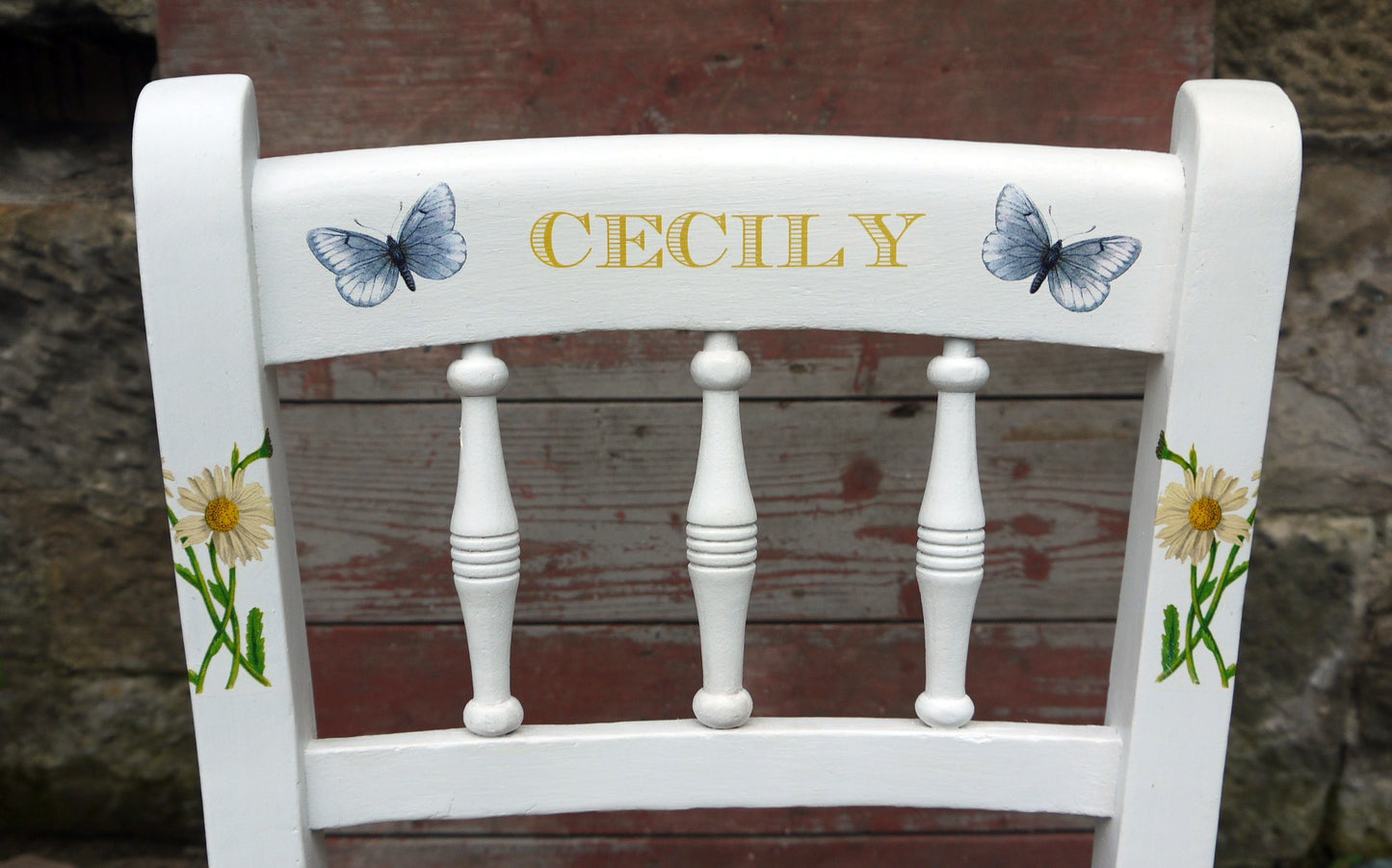  personalised children's vintage rush seat name chair butterfly and bee design