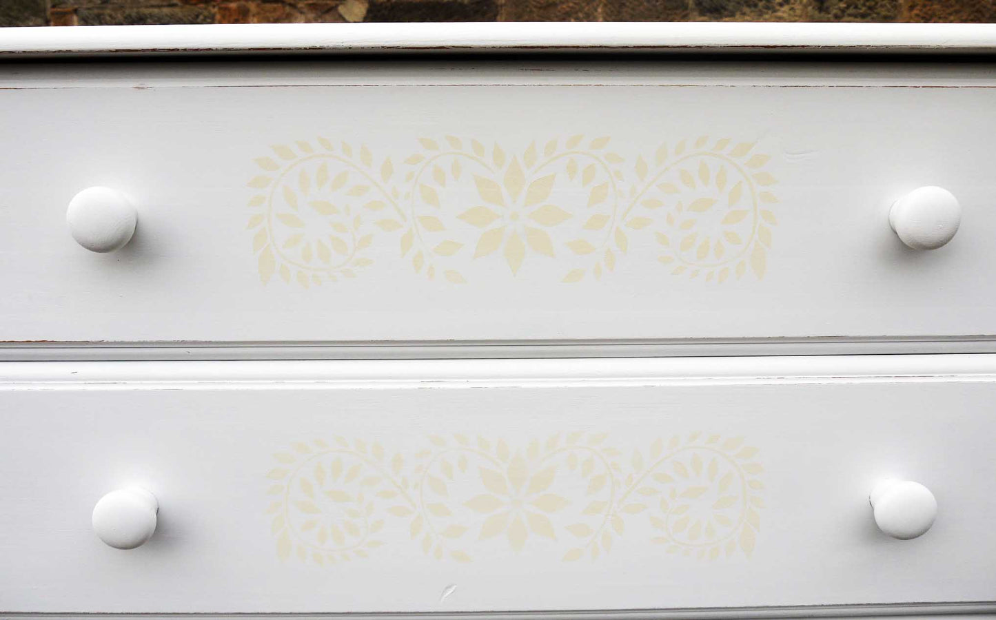 Custom Listing for Emma Shabby chic white painted chest of drawers with stencilled drawers