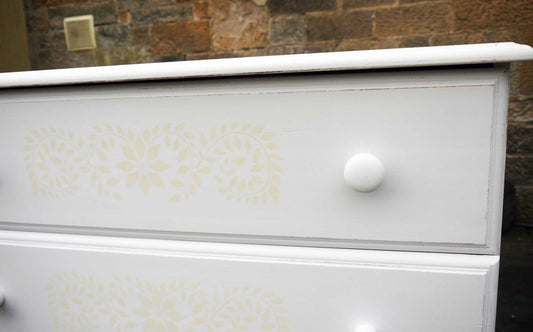 Custom Listing for Emma Shabby chic white painted chest of drawers with stencilled drawers