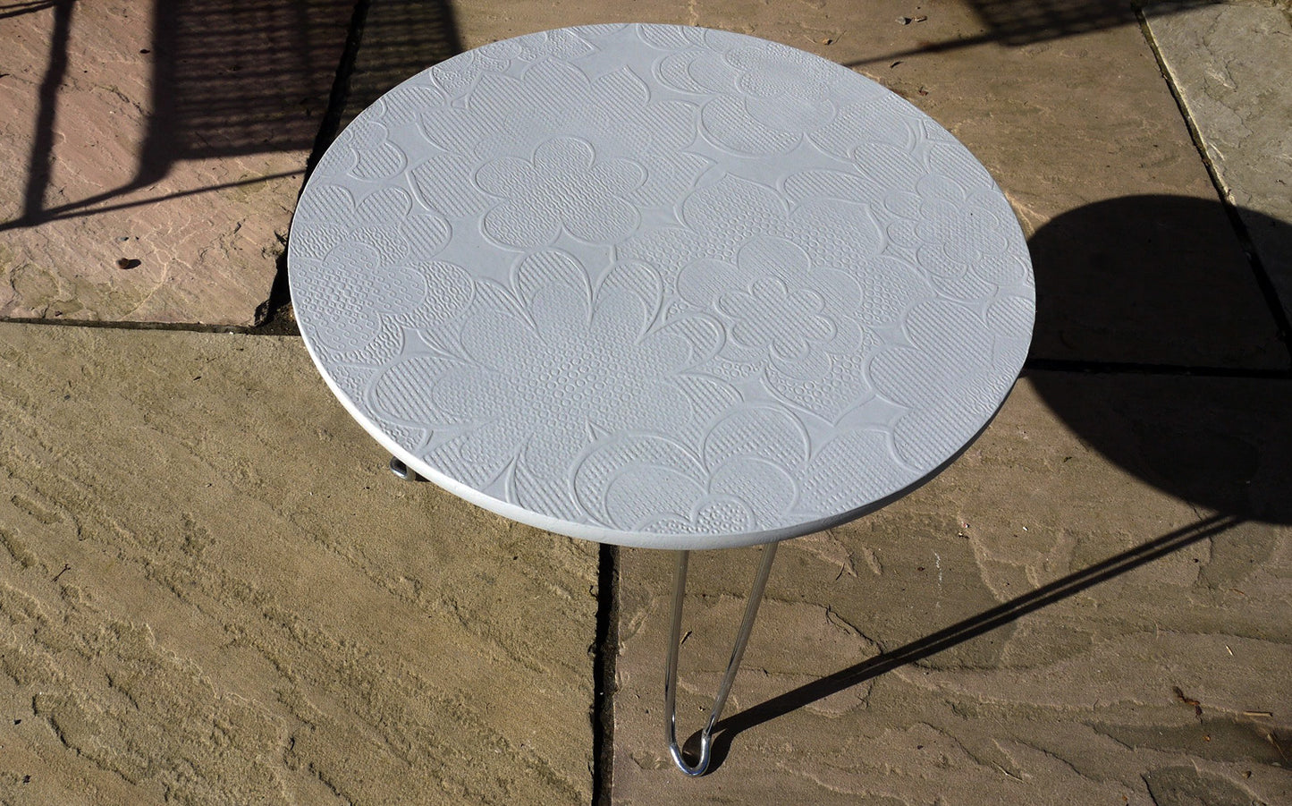 Upcycled retro round coffee side table with original 70's vintage wallpaper with hair pin legs