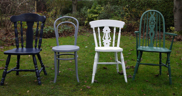 set of 4 hand painted vintage mismatched dining chairs